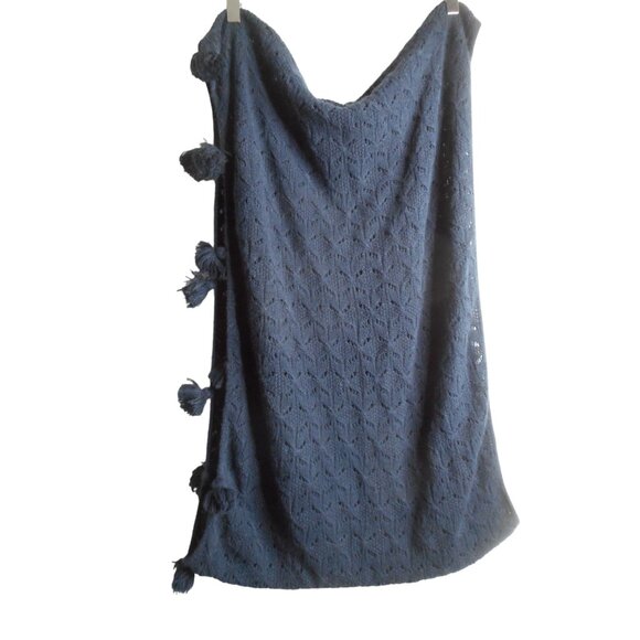 Fatface Navy Blue knit Infinity Scarf  23 x 29.5 inches Pom pom accents acrylic - Picture 1 of 4
